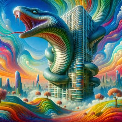 The primary subject of the image is a large, colorful snake that is wrapped around a tall building. The snake appears to be a part of a painting or digital artwork, as it is not a real-life scene. The setting is a cityscape with the snake and the building as the main focus. The visual style is artistic and creative, with the snake and the building being the main elements of the image. The colors and mood of the image are vibrant and lively, with the